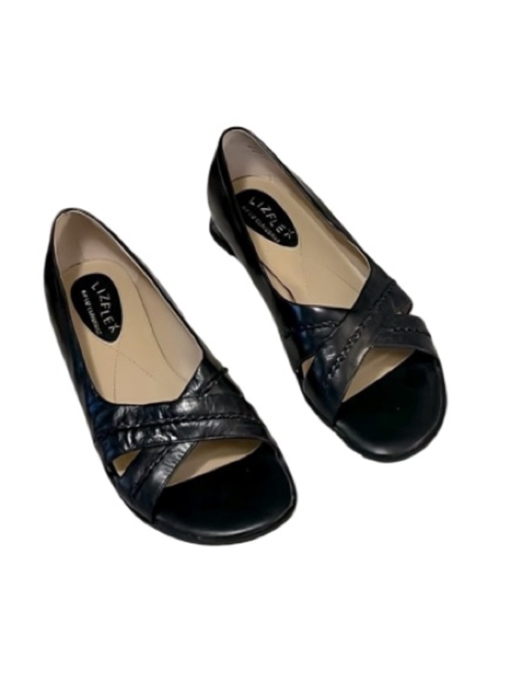Lizflex Women’s Black Leather Criss Cross Pandora Slip On Open Toe Wedge Shoes 7